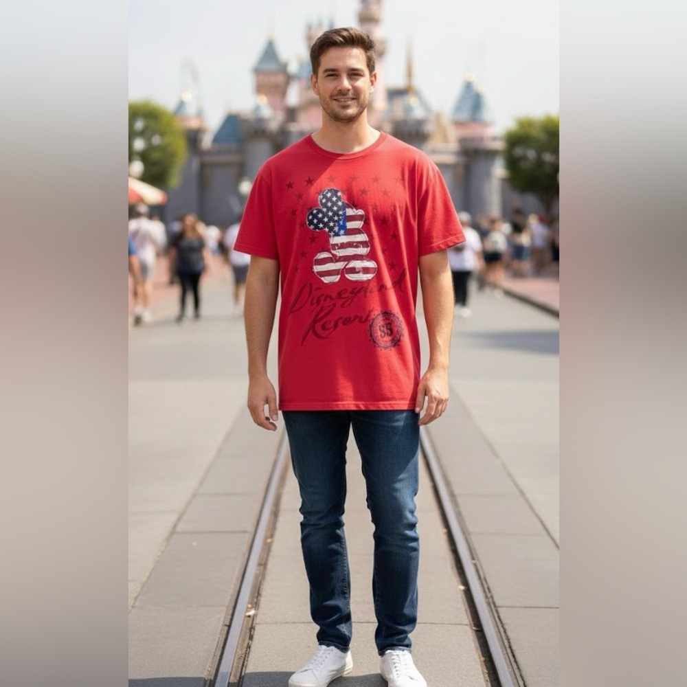 Disneyland 55th Anniversary 2010 Red Mickey Embroidered Flag Cotton T-Shirt XL